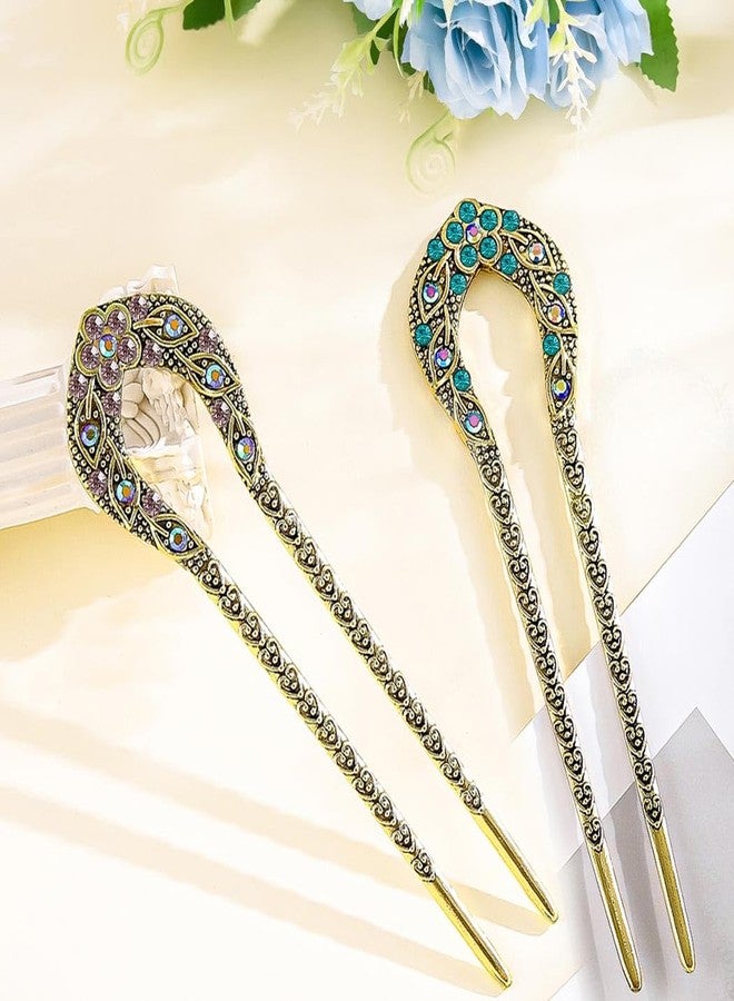 Outyua 2PCS French Hair Pin for Women Vintage French Twist Hair Pin with Rhinestone Crystal Metal U Shaped Hair Fork Chignon Hairpin - Image 2